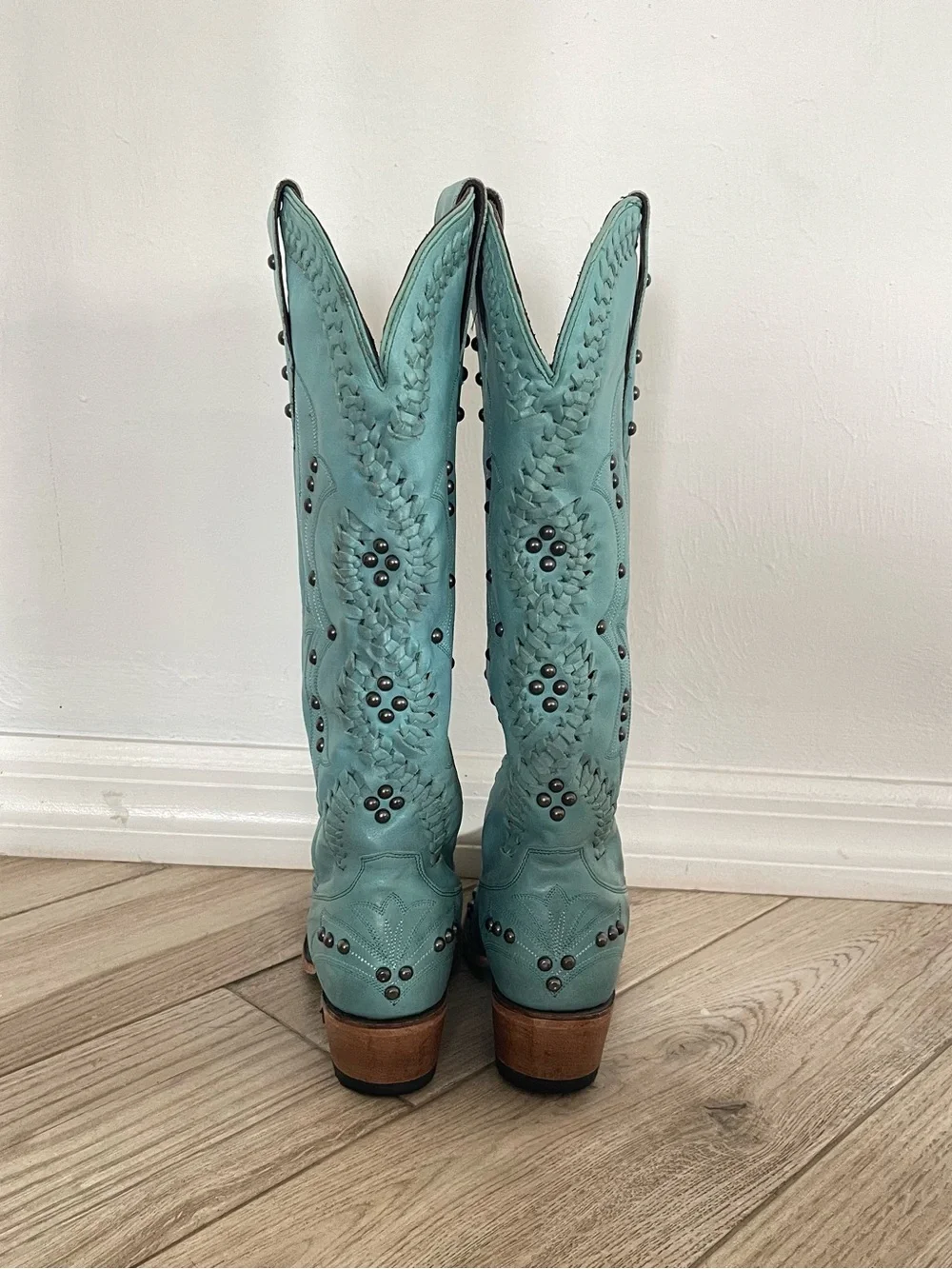 Lane Cossette Turquoise Tall Western Braided Studded Snip Toe Boots